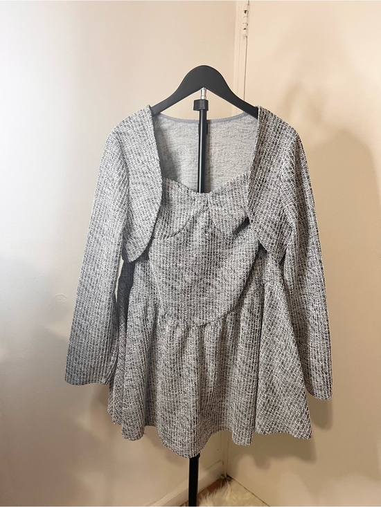 Dresses & Skirts - Chic Gray Textured Peplum Dress w/ Cardigan Overlay Shrug | Feminine & Flowy Set